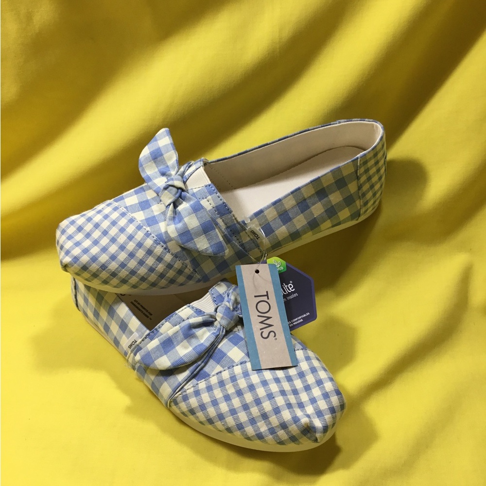 Toms Blue and White Gingham Knot Slip-On Flats SZ 8